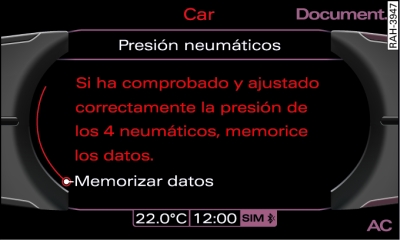 Pantalla: Memorizar la presin de los neumticos